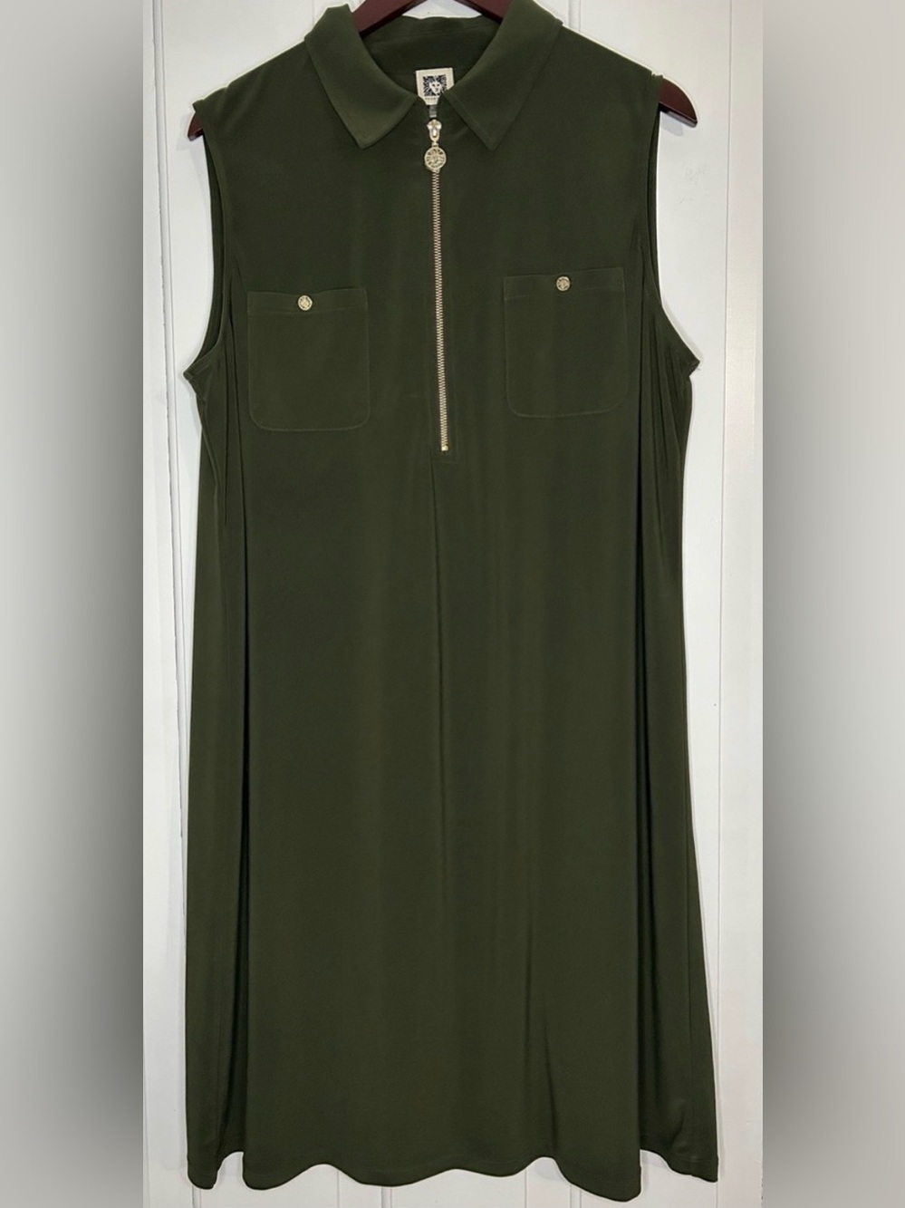 Anne Klein Olive Green Sleeveless Collared Zip Front Dress
